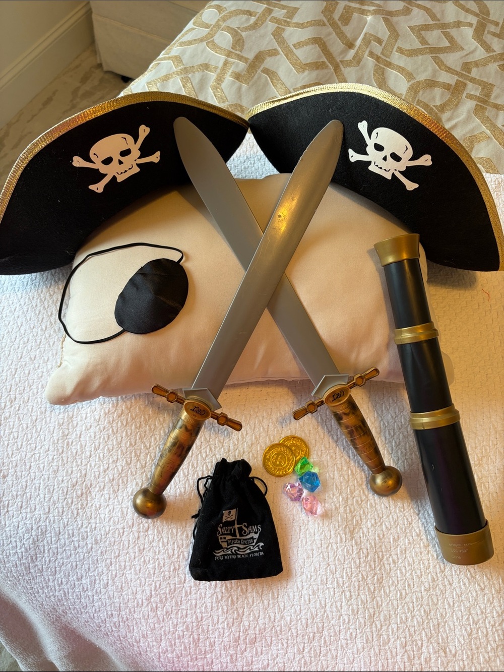 BUNDLE! Kids Pirate Dress-Up Set with Black Hats, Eye Patch, 2 Swords, Telescope